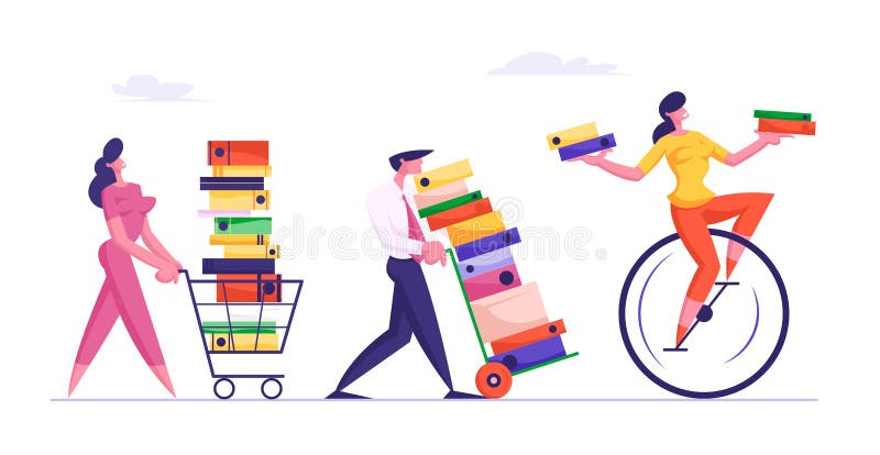 Deadline Concept with Business People Carry Huge Piles of Documents Following Woman Riding Monowheel royalty free illustration Deadline Concept with Business People Carry Huge Piles of Documents Following Woman Riding Monowheel royalty free illustration