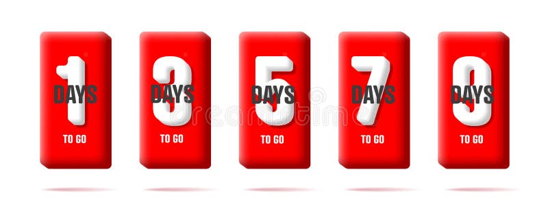 Deadline countdown in days to go, volume letters on red cube, digital badge stock illustration