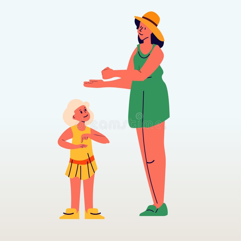 Deaf family talk to each other mother and daughter using sign gesture language hearing disability. Concept vector illustration