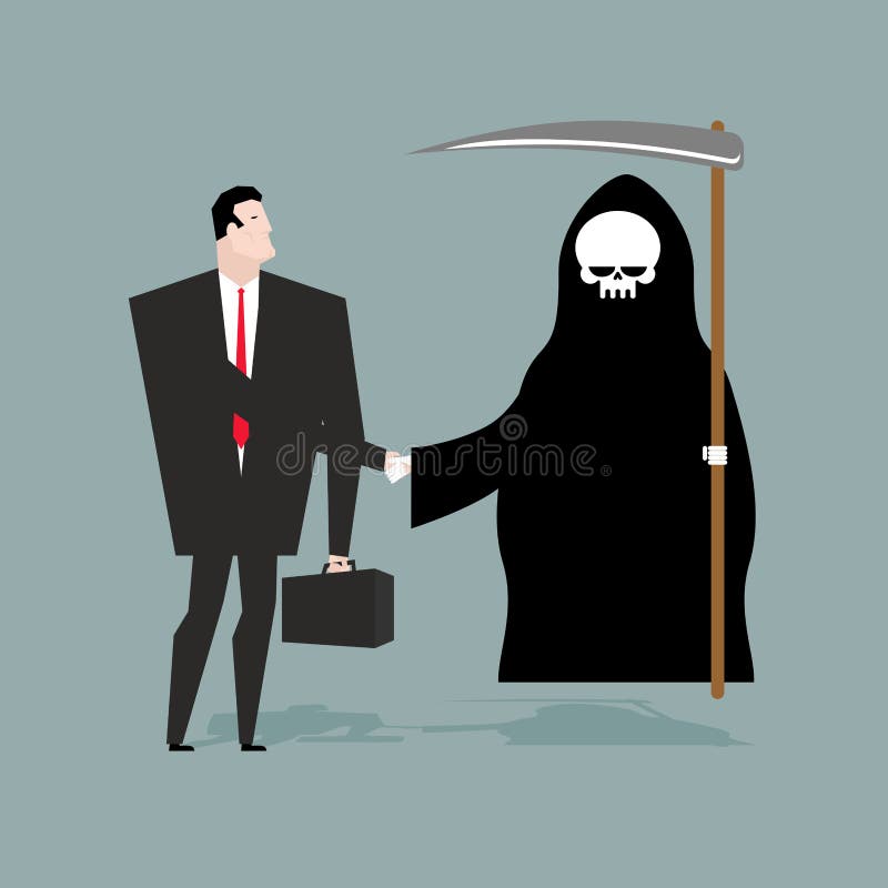 Deal with death. Businessman and Grim Reaper make transaction. S