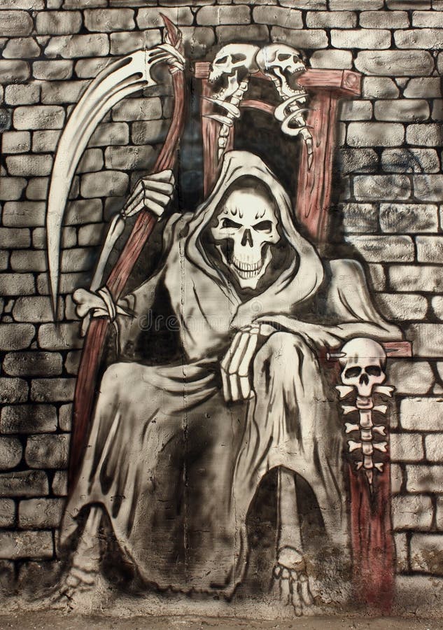 The death. Drawing of the Death seating on a chair holding scythe - airbrush stock illustration