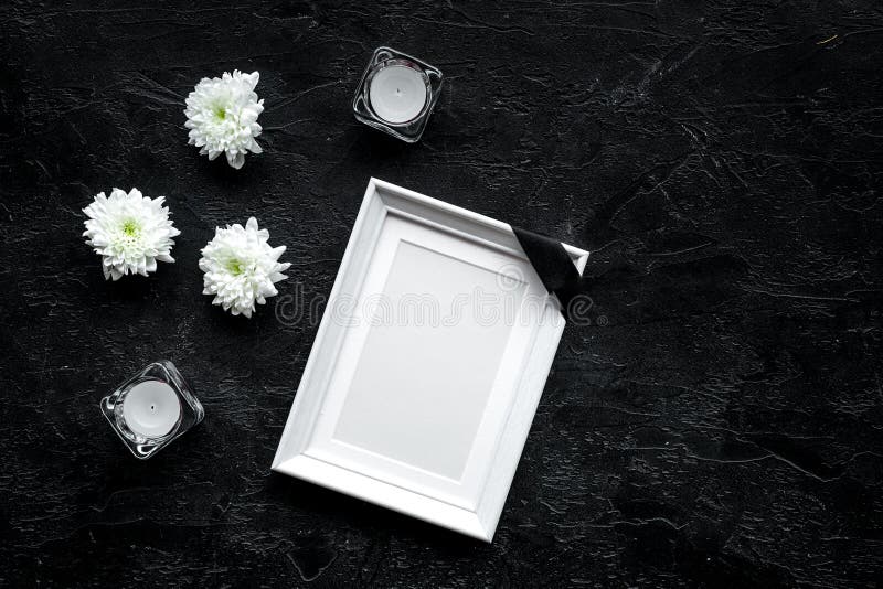 Death Concept. Photo Frame, Mockup with Black Ribbon Near Flowers, Candles  on Black Background Top View Copy Space Stock Photo - Image of dying,  copyspace: 132702706