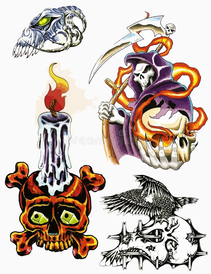 Death Tattoo Flash Set. Set of Horror Labels and Elements. Vector ...