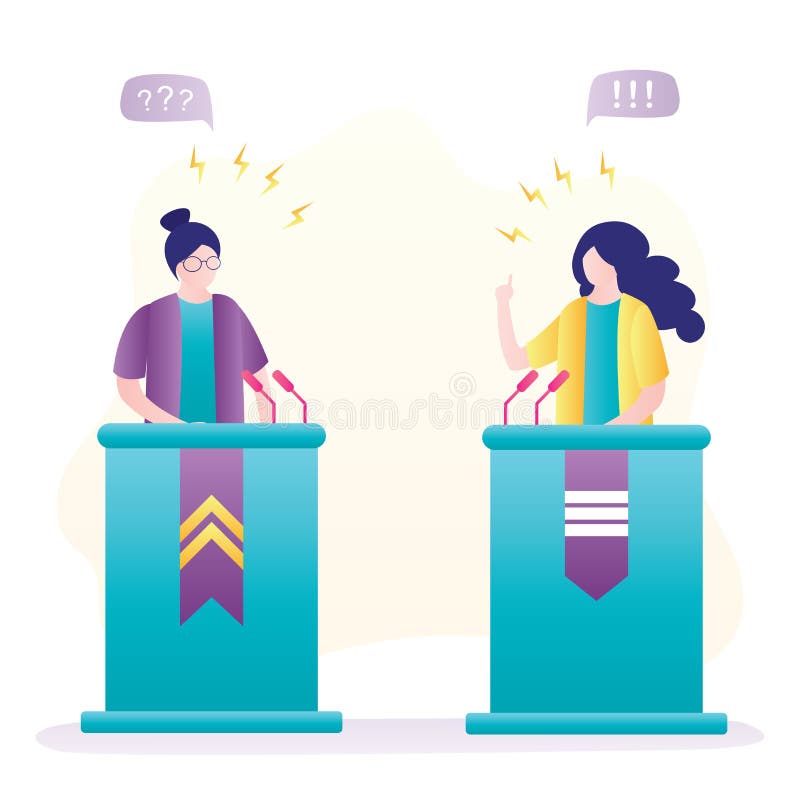 Debate  two woman speakers. Political speeches  debates  rhetoric. Female politicians speak emotionally. People on podium speak into microphones. Election campaign banner. Trendy vector illustration. Debate  two woman speakers. Political speeches  debates  rhetoric. Female politicians speak emotionally. People on podium speak into microphones. Election campaign banner. Trendy vector illustration