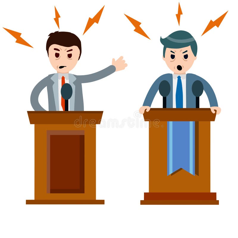 Political debate and dispute between two presidential candidates. Tribune and stand. Dialogue and elections. Podium for speech. Rostrum and man in suit. Political debate and dispute between two presidential candidates. Tribune and stand. Dialogue and elections. Podium for speech. Rostrum and man in suit.