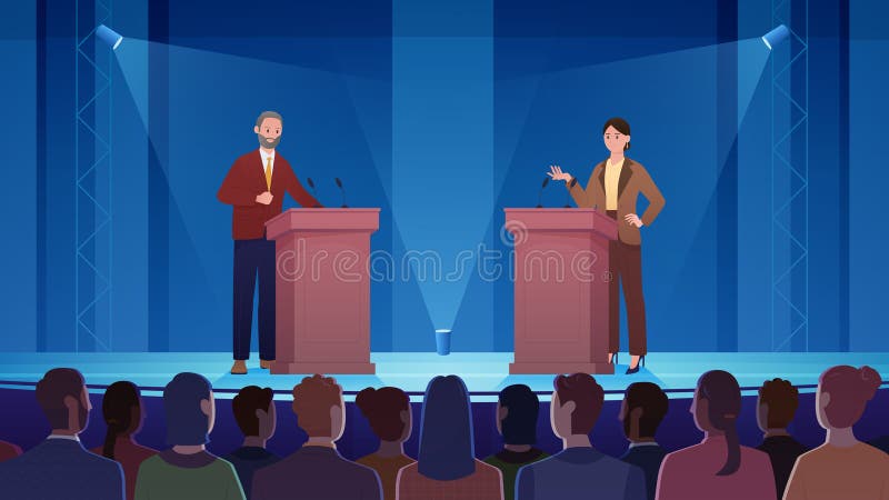 Political debate between two politicians on stage vector illustration. Cartoon man and woman talking in spotlights in front of crowd of people, public speech and dialogue with arguments of leaders. Political debate between two politicians on stage vector illustration. Cartoon man and woman talking in spotlights in front of crowd of people, public speech and dialogue with arguments of leaders