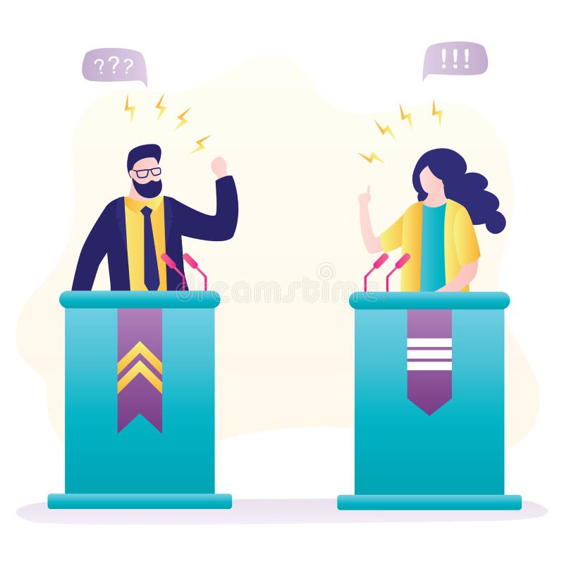 Political debate. Male and female politicians speak emotionally. People on podium speak into microphones. Political candidates election campaign banner. Trendy flat vector illustration. Political debate. Male and female politicians speak emotionally. People on podium speak into microphones. Political candidates election campaign banner. Trendy flat vector illustration