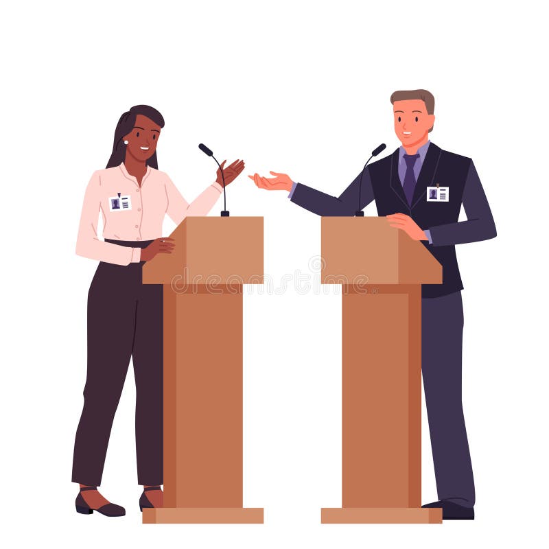 Debates between two politicians with friendly faces and smiles. Young man and woman standing at podiums with microphones to talk to audience during election campaign cartoon vector illustration. Debates between two politicians with friendly faces and smiles. Young man and woman standing at podiums with microphones to talk to audience during election campaign cartoon vector illustration