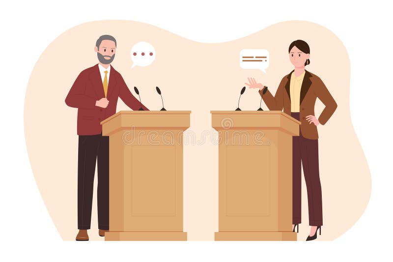 Political debates between two politicians and leaders at podiums vector illustration. Cartoon man and woman stand at tribunes on public meeting, candidates talk arguments in polemic conversation. Political debates between two politicians and leaders at podiums vector illustration. Cartoon man and woman stand at tribunes on public meeting, candidates talk arguments in polemic conversation