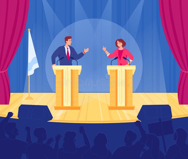 Political debates in audience. Government candidate speech of politician election, campaign congress broadcast politics conference on public stage, vector illustration of political debate audience. Political debates in audience. Government candidate speech of politician election, campaign congress broadcast politics conference on public stage, vector illustration of political debate audience