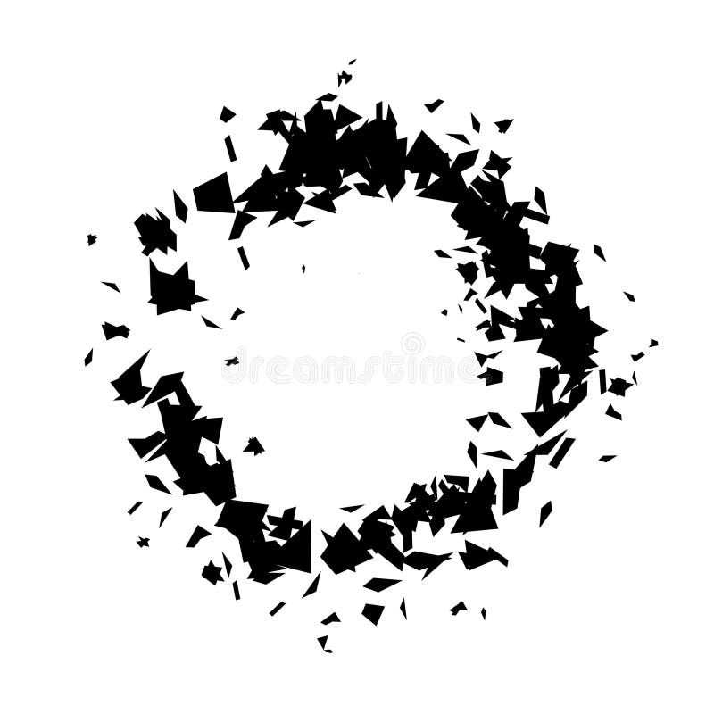 Debris and shatters in circle shape. Black broken pieces, specks, speckles and particles. Abstract explosion and burst stock illustration
