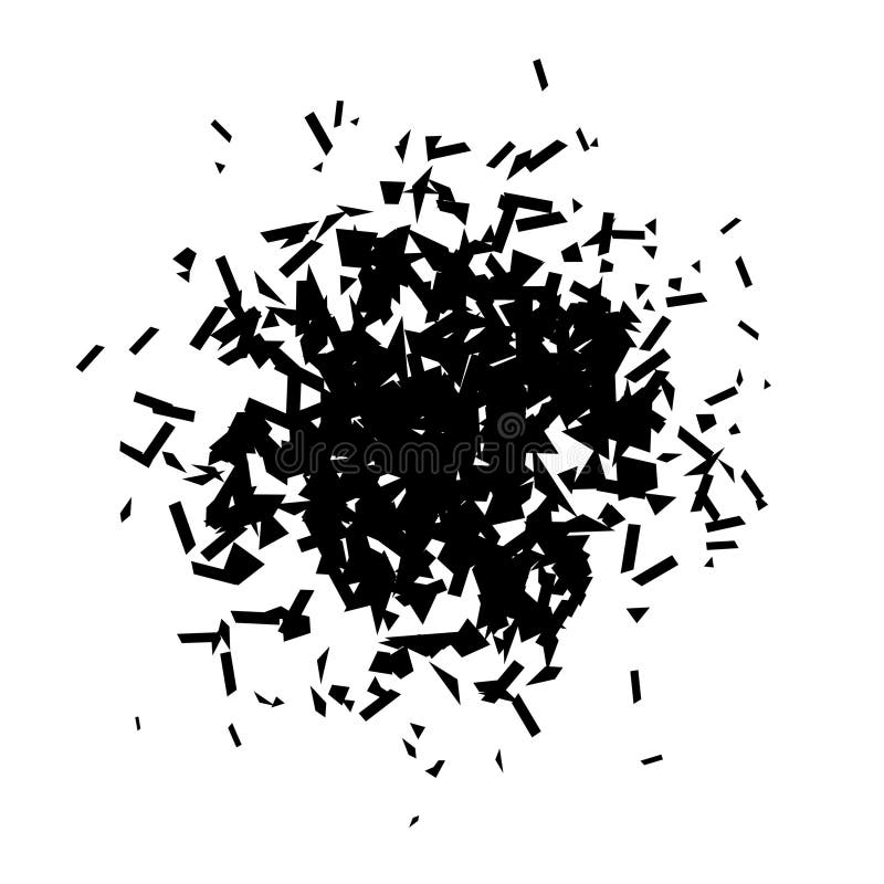 Debris and shatters in radial shape. Black broken pieces, specks, speckles and particles. Abstract explosion and burst stock illustration