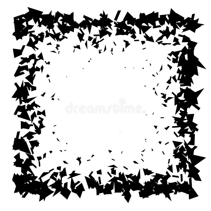 Debris and shatters in square shape. Black broken pieces, specks, speckles and particles. Abstract explosion and burst stock illustration