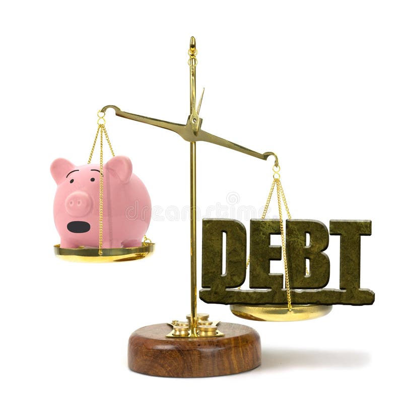 DEBT on a scale outweighing worried piggy bank representing financial problems