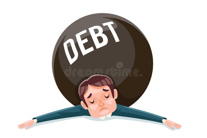 Debt squashed crushed businessman wretched miserable cartoon character vector illustration