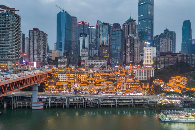 Dec 22, 2019 - Chongqing, China: Aerial drone shot of Hong Ya Dong cave by Jialing river