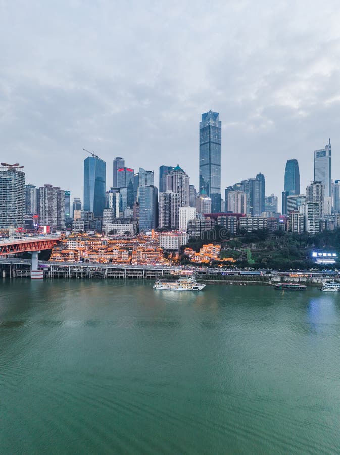 Dec 22, 2019 - Chongqing, China: Aerial drone shot of Hong Ya Dong cave by Jialing river