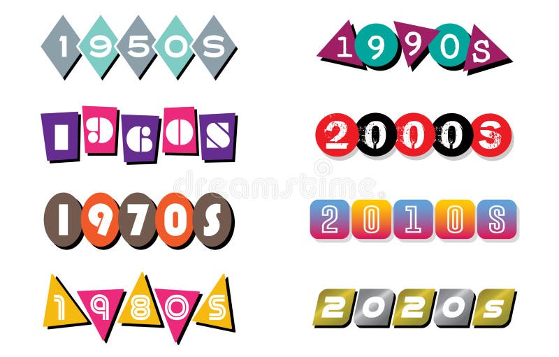 Decade Banners and Labels for the 1950s, 1960s, 1970s, 1980s, 1990s, 2000s, 2010s, and  2020s | Illustrated Year Clipart