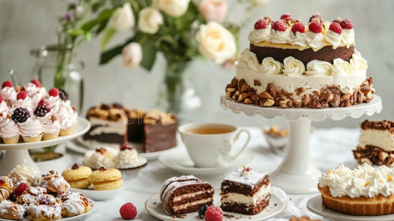 A decadent dessert table featuring an array of cakes, cookies, and pastries.