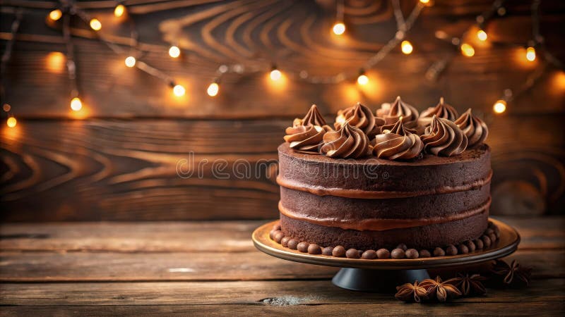 A decadent double-layered chocolate cake, adorned with swirls of rich chocolate frosting, sits on a rustic wooden surface royalty free illustration