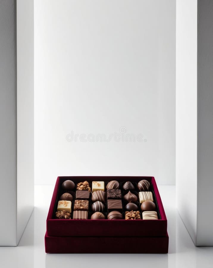 A decadent spread of assorted gourmet chocolates in a luxurious box lined with velvet. stock photo