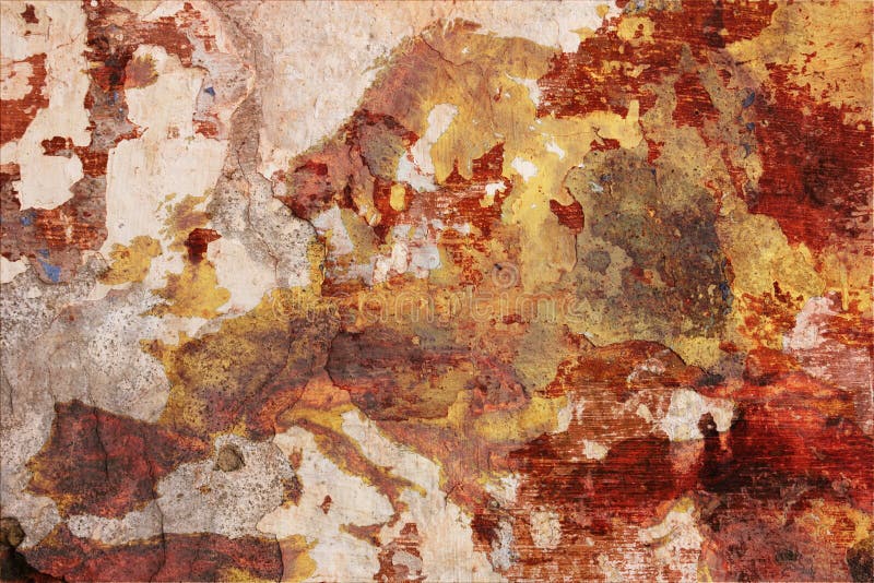 European decay - decadent grunge plaster of dirty painted wall with drawn map of europe - old continent in decline. European decay - decadent grunge plaster of dirty painted wall with drawn map of europe - old continent in decline
