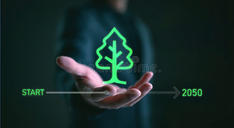 Decarbonization pathway: Timeline shows CO2 reduction targets toward 2050. stock illustration