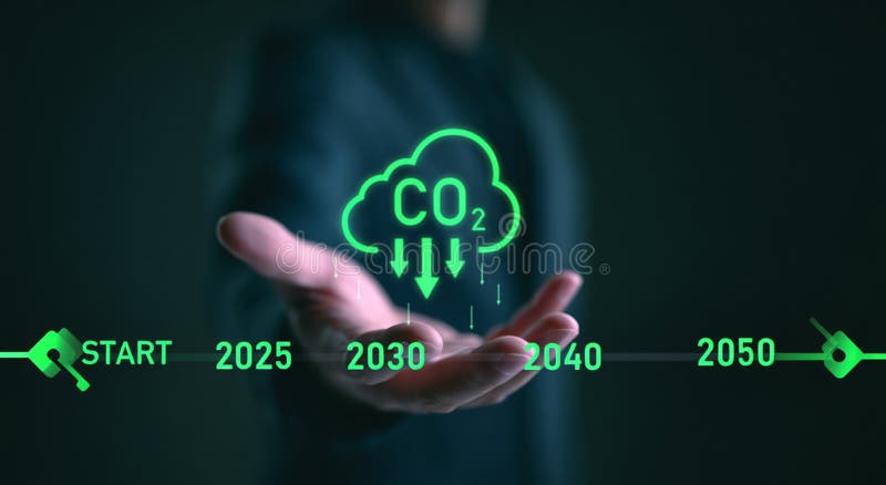 Decarbonization pathway: Timeline shows CO2 reduction targets toward 2050. stock illustration