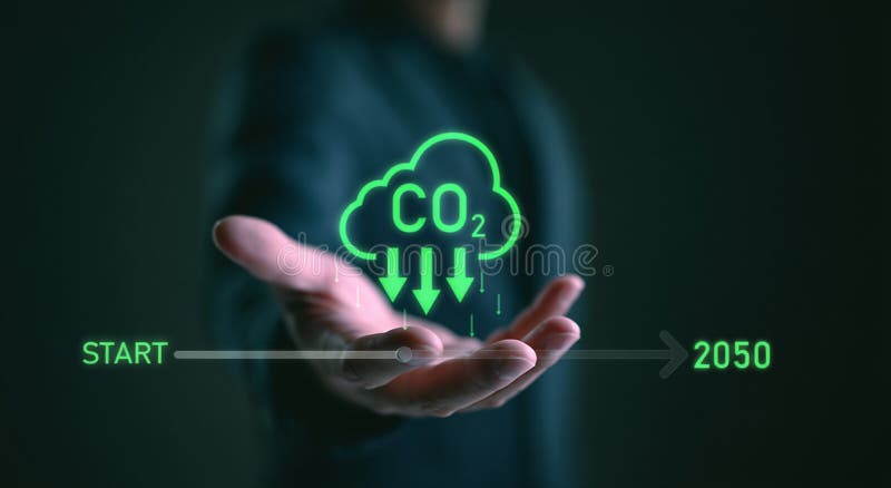 Decarbonization pathway: Timeline shows CO2 reduction targets toward 2050. stock illustration