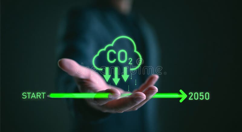 Decarbonization pathway: Timeline shows CO2 reduction targets toward 2050. vector illustration