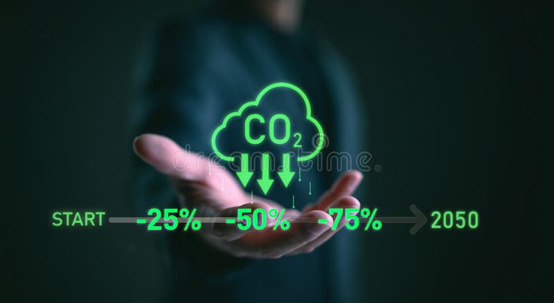 Decarbonization pathway: Timeline shows CO2 reduction targets toward 2050. vector illustration