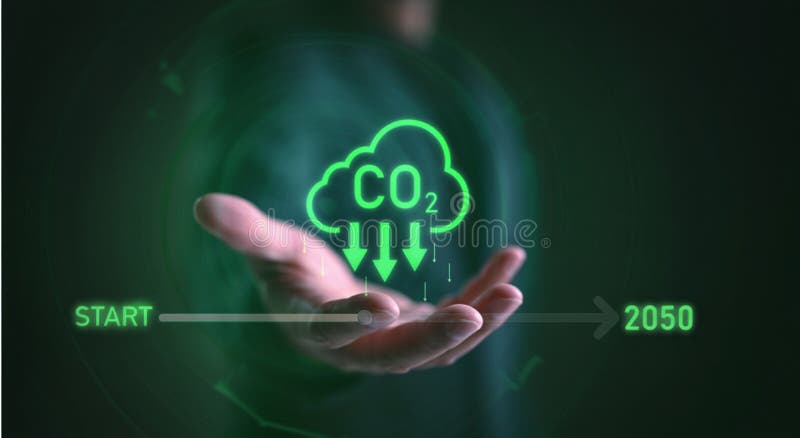 Decarbonization pathway: Timeline shows CO2 reduction targets toward 2050. royalty free illustration