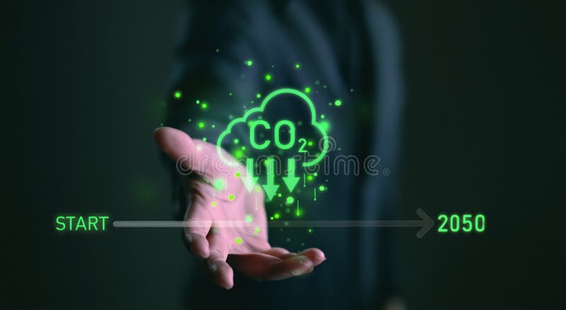 Decarbonization pathway: Timeline shows CO2 reduction targets toward 2050. royalty free illustration