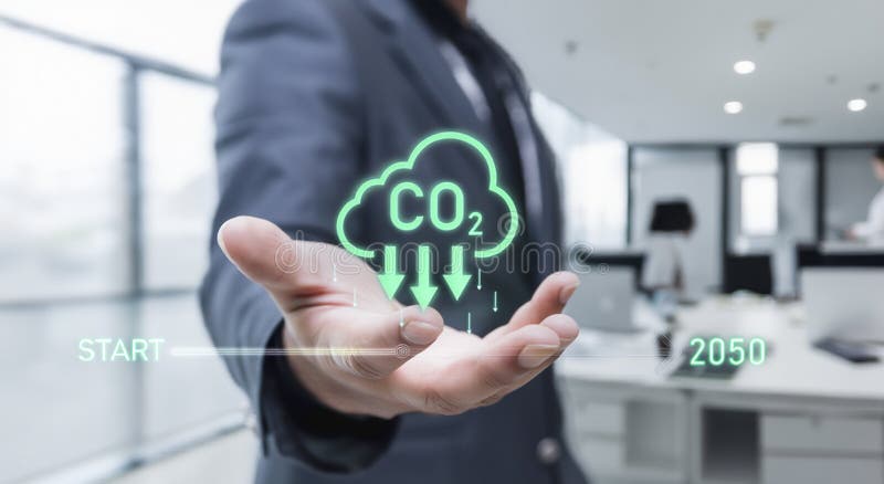 Decarbonization pathway: Timeline shows CO2 reduction targets toward 2050. vector illustration