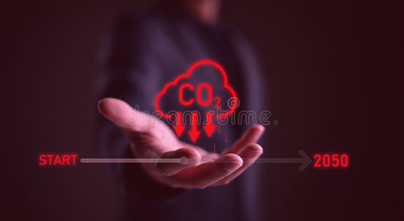 Decarbonization pathway: Timeline shows CO2 reduction targets toward 2050. royalty free illustration