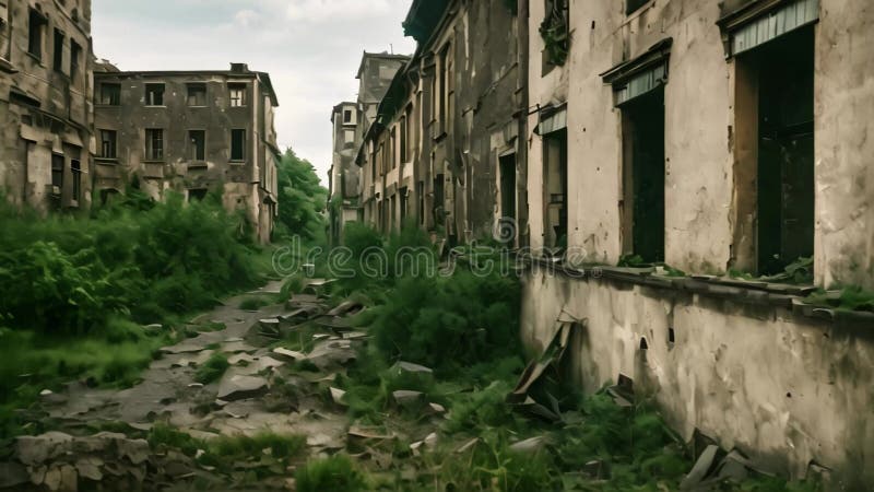 Decaying buildings line a neglected street, marked by broken windows, portraying the abandonment and decay of an old urban