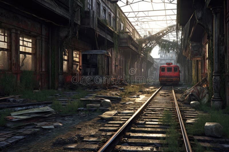 Decaying railway station with empty tracks vector illustration