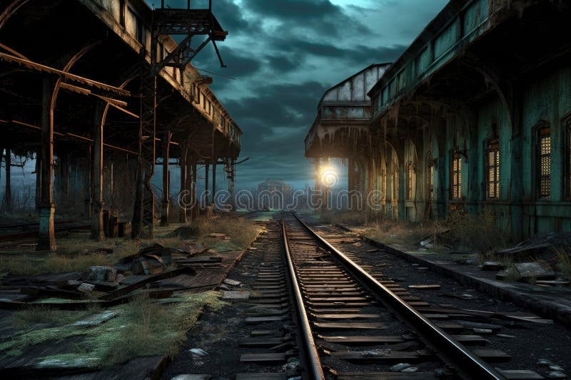 Decaying railway station with empty tracks stock illustration