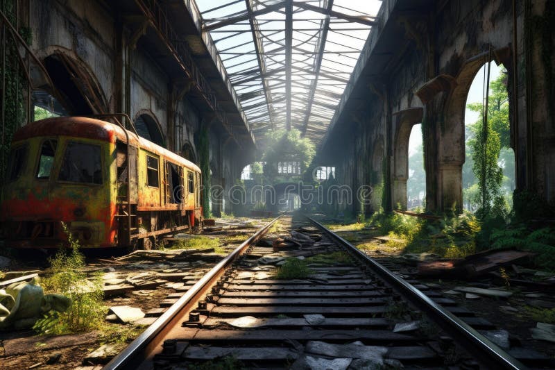 Decaying railway station with empty tracks royalty free illustration