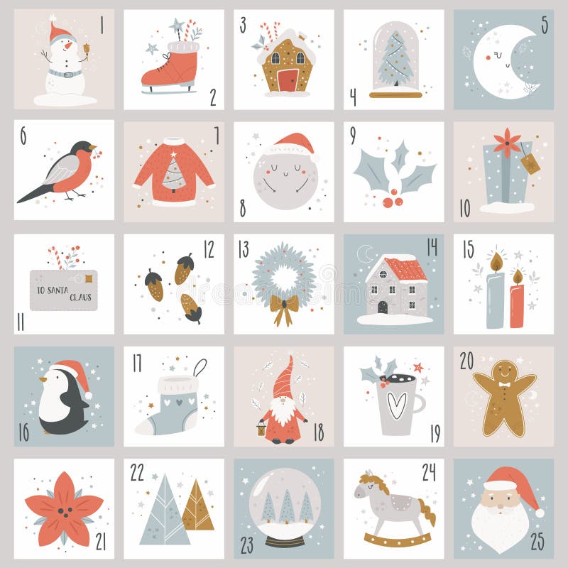 December Advent Calendar. Christmas Holiday Poster with Countdown and Cute Characters, Symbols
