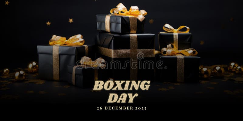 26 December, Boxing Day Banner with Realistic Gift Boxes on Dark stock illustration