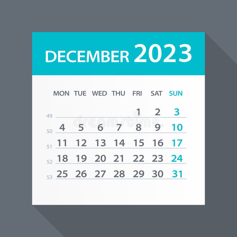 December 2023 Calendar Green Leaf - Vector Illustration. Week Starts on