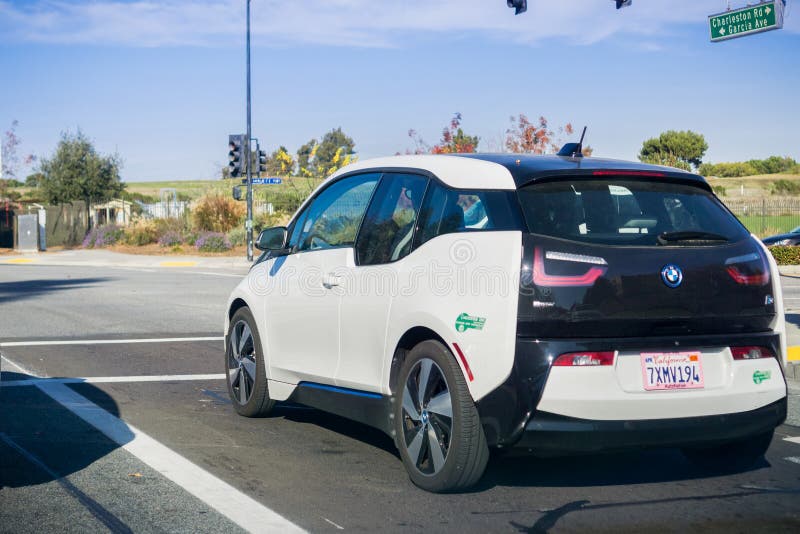 December 13, 2017 Mountain View / CA / USA - BMW I3 electric vehicles stopped at a traffic light in Silicon Valley, San Francisco bay area