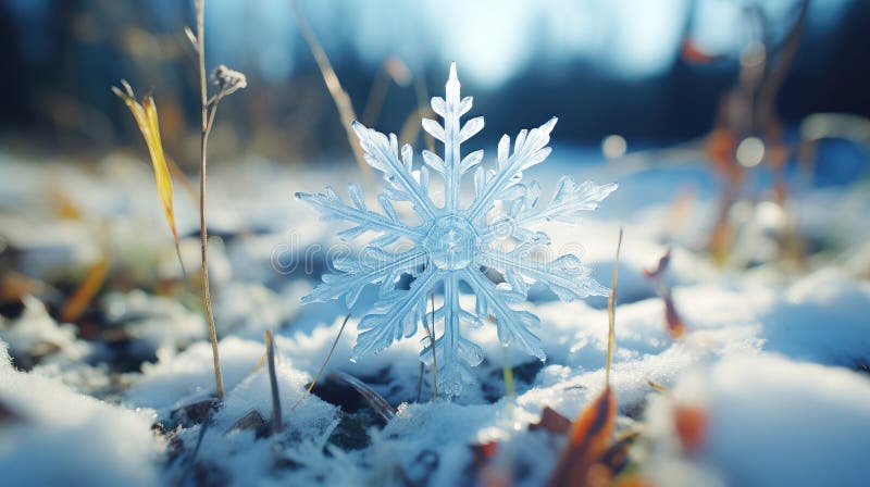 December's beauty: close up snowflake on frosty backdrop.