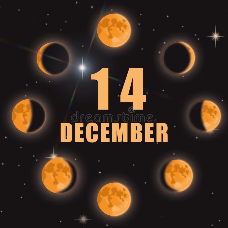 December 14. 14th Day of Month, Calendar Date.Phases of Moon on Black