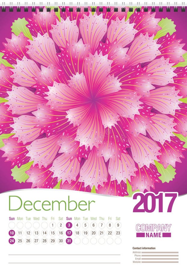December Wall Calendar 2017 Template with Abstract Floral Design, Ready