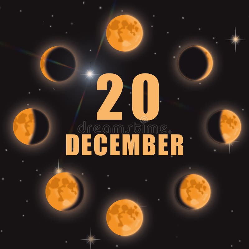 20 decembrie 20, 20 de zile calendaristice, faze ale lunii pe fond izolat negru. ciclul de la luna nouă la luna plină vector illustration