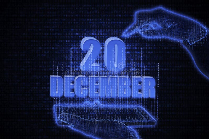 20 decembrie. o mână care ține un telefon cu o dată calendaristică pe fond albastru neon futurist. ziua 20 lună. stock illustration