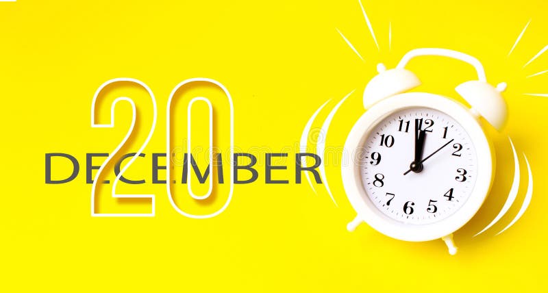 20 decembrie. ziua 20 luna calendar. ceas alb cu alarmă și zi calendaristică pe fond galben. concept minimalist royalty free illustration