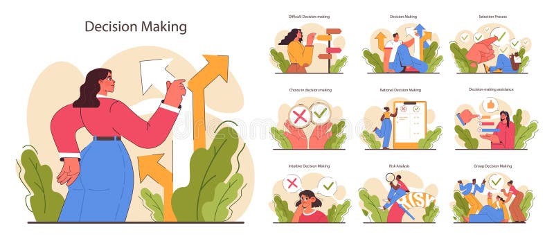 Decision-making set. Strategic thinking, brainstorming and solution research. royalty free illustration